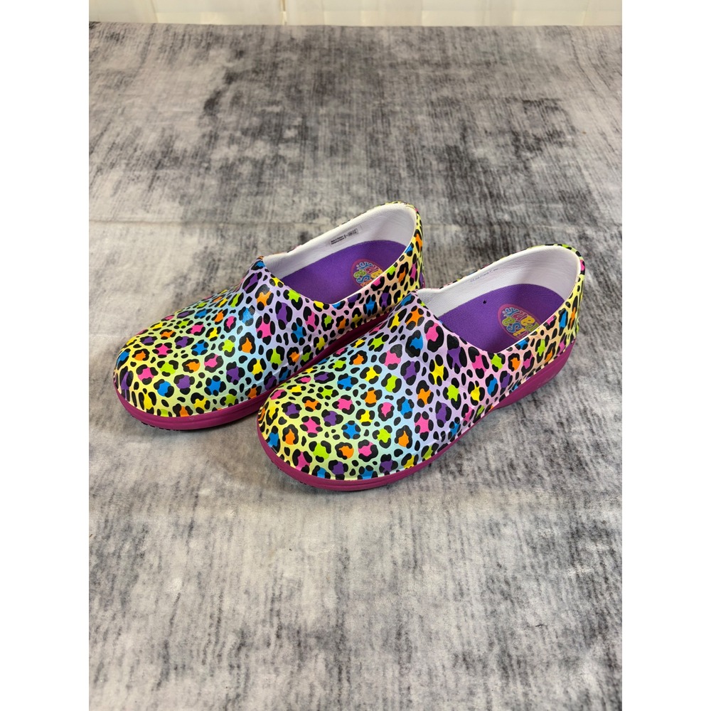 Crocs Lisa Frank Neria Pro II Clogs Rainbow Leopard Print Work Shoes Womens 8